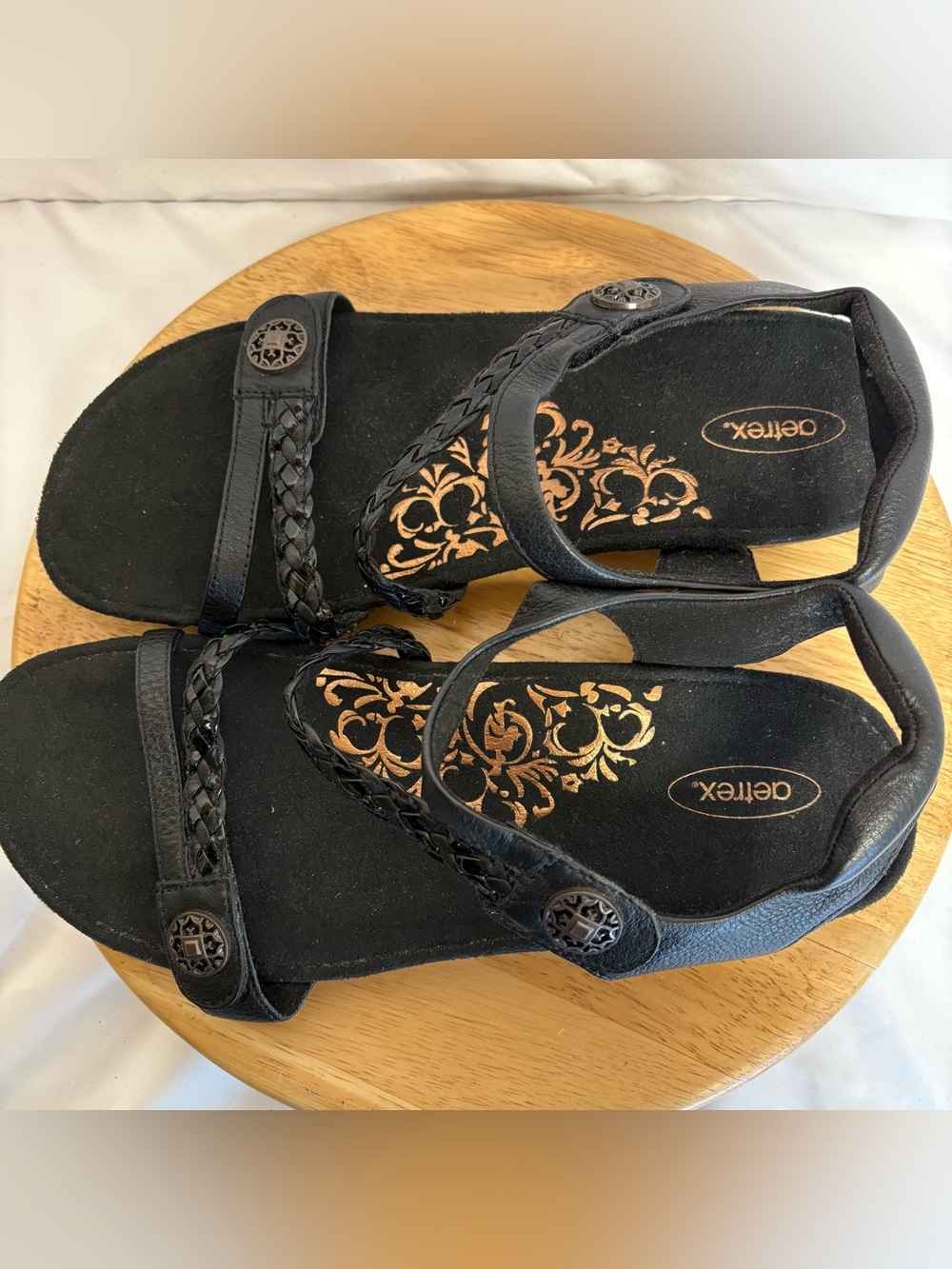 Aetrex Jillian Black Leather Braided Strappy Wedge Sandal Orthotic Comfort Sz 11